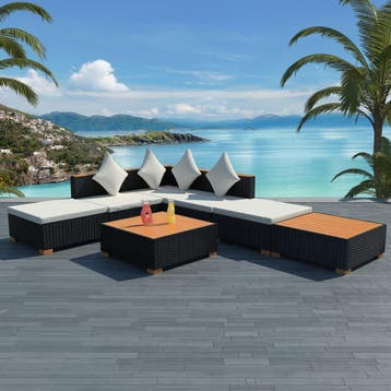 vidaXL 7-delige Loungeset met kussens poly rattan zwart, Tuin en Terras, Verzenden, Nieuw, Loungeset