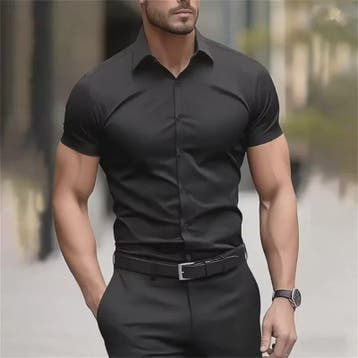 Heren Zomer Overhemd Korte Mouw Stretch Slim Fit - Zwart, Ma, Verzenden, Nieuw