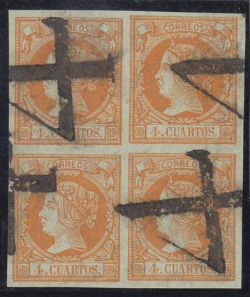 Spanje 1860/1861 - Isabel II. 4 kwartjes, oranje. Matasello, Gestempeld