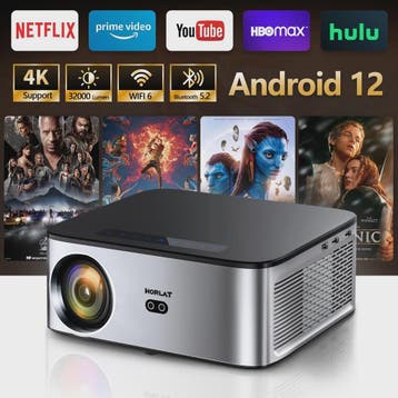 HORLAT Android 12 Projector: 1600 ANSI Lumen, 4K Full HD, Wi, Verzenden, Nieuw
