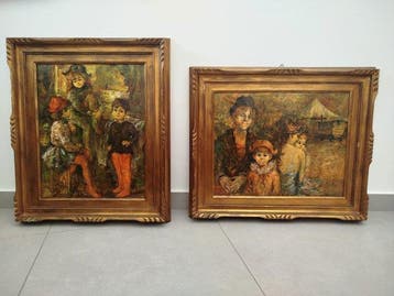 Europese school (XX) - Scena circense e scena con fanciulli, Antiek en Kunst, Kunst | Schilderijen | Klassiek