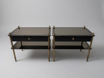 Nachtkastje - Messing, Glas, Hout - Set van twee glazen- en