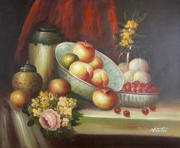 M. Santos (XX) - Classical Still Life with Fruit, Ceramics &