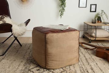 Retro poef MUSTANG lederen bekleding 45cm met linnen, Huis en Inrichting, Ophalen of Verzenden, Nieuw