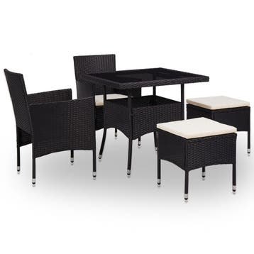 vidaXL 5-delige Tuinset poly rattan en glas zwart, 4 zitplaatsen, Nieuw, Tuinset, Verzenden