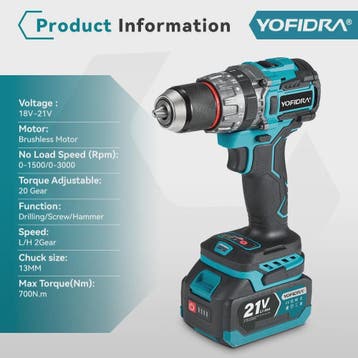 YOFIDRA Accuboormachine 18V-21V Brushless Motor, 13mm Boorho, Verzenden, Nieuw