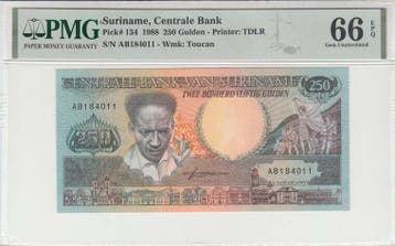 1988 Suriname 250 Gulden Pick 134 Pmg Gem Unc 66 Epq, Verzenden