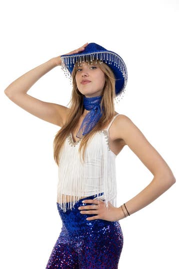 KIMU® Cowboyhoed Blauw Strass Steentjes Zwarte Cowgirl Weste, Ophalen of Verzenden, Nieuw, Carnaval