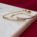 Bicolor gouden platte gourmetschakel armband met diamant;..., Sieraden, Tassen en Uiterlijk, Armbanden, Gebruikt, Overige kleuren