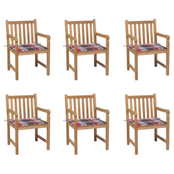 vidaXL Tuinstoelen 6 st met rood geruite kussens massief, Verzenden, Nieuw, Hout