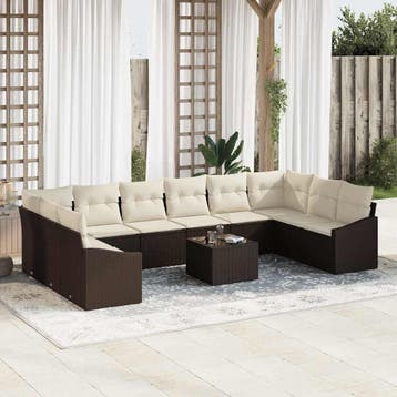 vidaXL Tuinbankenset met opslag Bruin en Crème poly rattan, Verzenden, Nieuw, Rotan, Meer dan 8 zitplaatsen