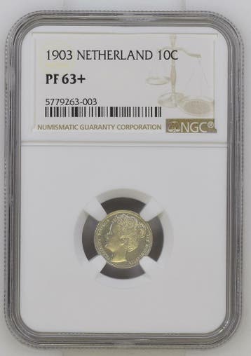 Koningin Wilhelmina 10 cent 1903 Proof NGC PF63+, Postzegels en Munten, Verzenden, Zilver, 10 cent, Koningin Wilhelmina