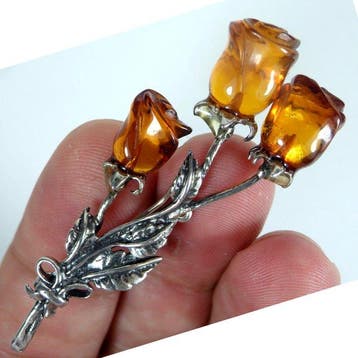 Amber speld/hanger in zilver - Rozen, bloemboeket-vorm -