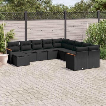 vidaXL 11-delige Loungeset met kussens poly rattan zwart, Tuin en Terras, Verzenden, Nieuw, Loungeset