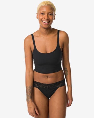 HEMA Damesstring katoen met kant zwart 3+1 gratis, Verzenden, Zwart
