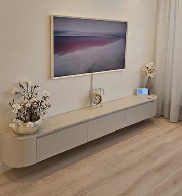 Zwevend Tv meubel beige wandmeubel hout tv kast japandi, Japandi, Nieuw, Ophalen of Verzenden, 200 cm of meer