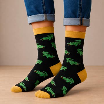 Sokken Katoen - Krokodil Print - Zwart Geel Groen - Maat, Nieuw