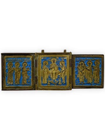 Drieluik - Messing en blauwe emaille - 1850-1900 - Met