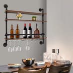 Industriële Wand Wijnrek – 3-Lagen Hout en Metaal, 92 cm, Verzenden, Nieuw