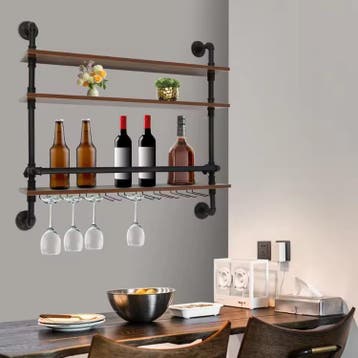 Industriële Wand Wijnrek – 3-Lagen Hout en Metaal, 92 cm, Huis en Inrichting, Verzenden, Nieuw