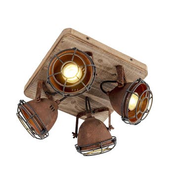 Industriële spot roestbruin met hout kantelbaar 4-lichts -, Huis en Inrichting, Lampen | Spots, Verzenden, Nieuw