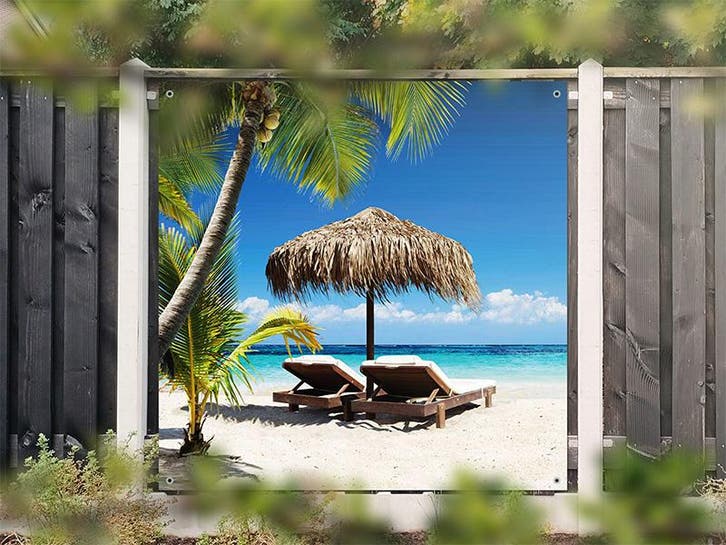 NR 1414: Tuinposter Tropisch strand met ligstoelen 180x180cm, Tuin en Terras, Tuinwanddecoratie, Nieuw