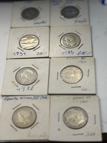 Spanje. Alfonso XII-Alfonso XIII. 8 monedas de 1 peseta de, Postzegels en Munten