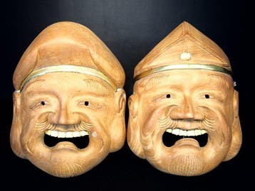 Mask - Hout, Japanse houten maskers van Daikoku  en Ebisu