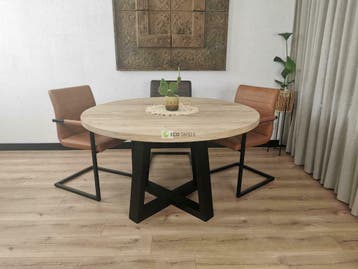 Massief Eiken ronde tafel met Metalen dubbele U Poot, Rond ronde eik eiken eikenhout massief 110 120 130 140 150, Overige houtsoorten