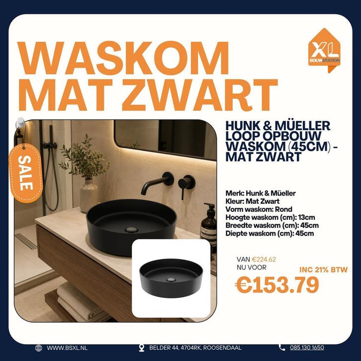Mat zwarte ronde waskom 45 cm - OUTLET, Huis en Inrichting, Badkamer | Badkamermeubels, Minder dan 25 cm, Nieuw, Wasbak of Wastafel