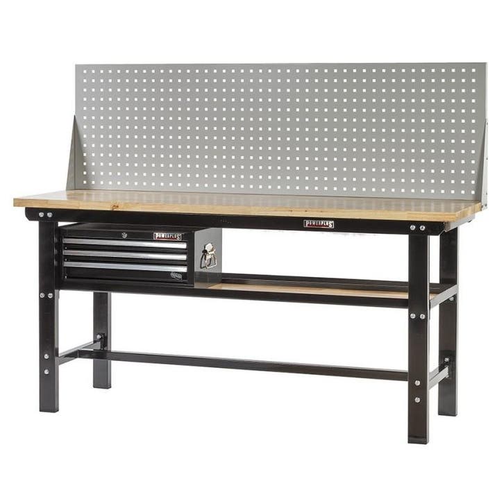 Werkbank zwart 200 cm met hardhouten blad + gereedschapskist, Doe-het-zelf en Verbouw, Werkbanken, Ophalen of Verzenden