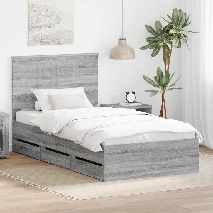 vidaXL Bedframe met lade Grijs Sonoma 100 x 200 cm, Huis en Inrichting, Slaapkamer | Bedden, Grijs, Nieuw, Hout, Verzenden