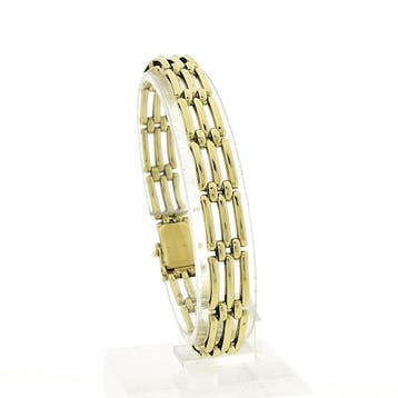 Gouden fantasieschakel armband; 19,5 cm (Schakelarmband), Ophalen of Verzenden, Gebruikt, Goud, Goud
