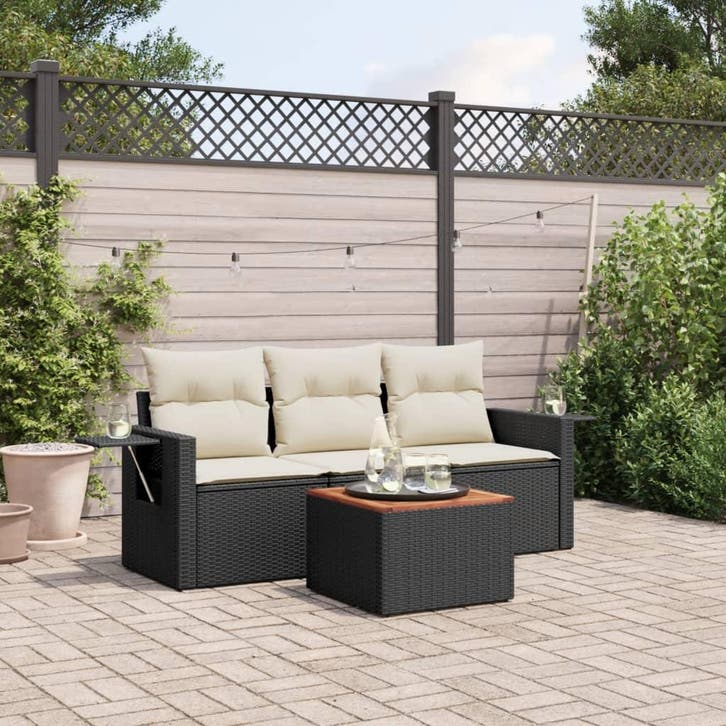 vidaXL 4-delige Loungeset met kussens poly rattan zwart, Tuin en Terras, Tuinsets en Loungesets, Loungeset, Nieuw, Verzenden