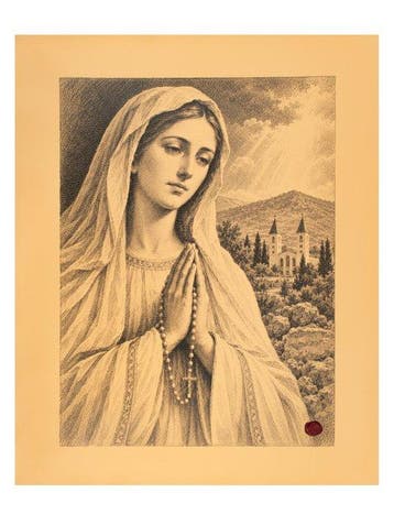Madonna di Medjugorje – Koningin van de Vrede – Druk op leer, Antiek en Kunst