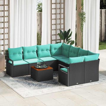vidaXL Tuinbankenset met kussen 9 pcs Zwart poly rattan, Verzenden, Nieuw, Rotan, Meer dan 8 zitplaatsen