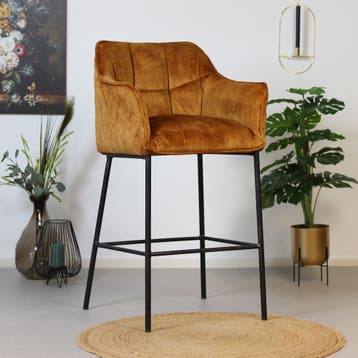 50% Korting: Velvet barkruk Jayron okergeel/ cognac 82 cm, Huis en Inrichting, Barkrukken, Ophalen, Zo goed als nieuw