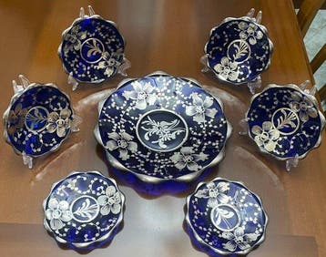 Tafelservies voor 6 (7) - kobaltblauw glas met een zilveren