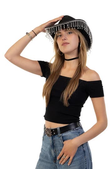 KIMU® Cowboyhoed Zwart Glitter Strass Steentjes Zwarte Cowgi, Ophalen of Verzenden, Nieuw, Carnaval