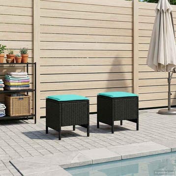 vidaXL 2 st Tuinvoetenbank PE Rattan Zwart en Turquoise, Verzenden, Nieuw, Rotan, 2 zitplaatsen