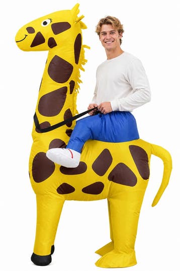 KIMU® Opblaas Kostuum Zittend Op Giraf Opblaasbaar Pak Giraf, Carnaval, Nieuw, Overige maten, Ophalen of Verzenden