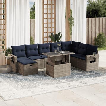 vidaXL 9-delige tuinbankset met kussens, grijs polyrotan, Verzenden, Nieuw