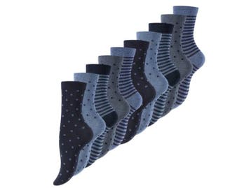 10 paar Damessokken - Dots Stripes - Jeans/Blauw-mix, Verzenden, Nieuw