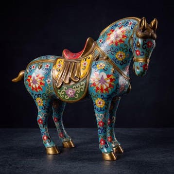 Beeld, Exclusief Cloisonné paard 41.5 cm - 34 cm - Brons