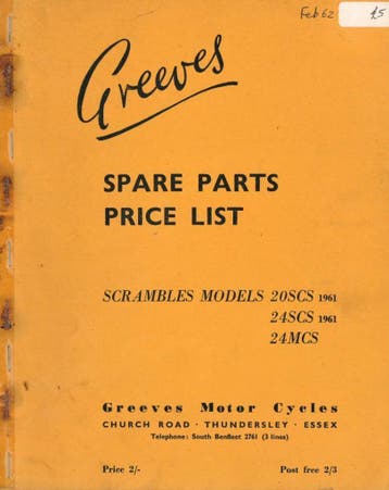 1962 - Greeves - Spare Parts Prijslijst - Scrambles Models, Motoren, Verzenden, Overige merken