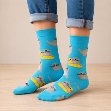 Sokken Katoen - Zeehond Badeend Print - Blauw Grijs Geel -, Nieuw