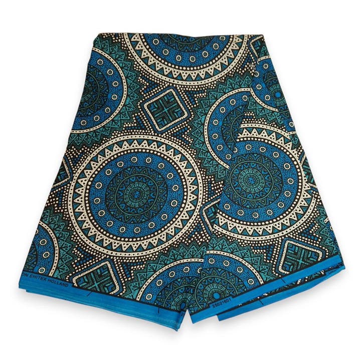 Afrikaanse wax print stof - Blauw en Petrol Sacred Circle Pa, Hobby en Vrije tijd, Stoffen en Lappen, Nieuw, Ophalen of Verzenden