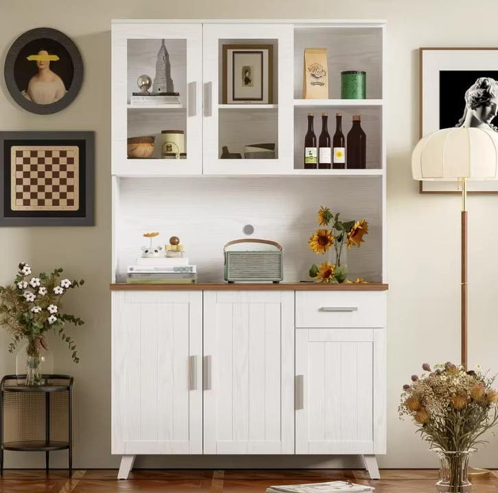 Grote Houten Opbergkast met Glazen Deuren en Lade – 190 cm, Huis en Inrichting, Kasten | Buffetkasten, Nieuw, Verzenden