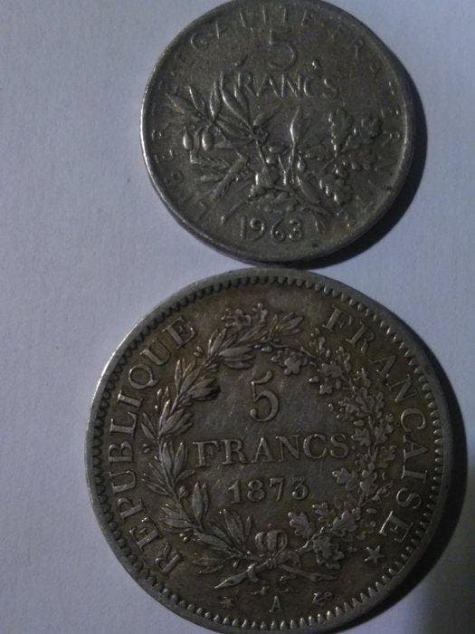Frankrijk. 5 Francs 1873-A et 1963 (lot de 2 monnaies en, Postzegels en Munten, Munten | Europa | Niet-Euromunten