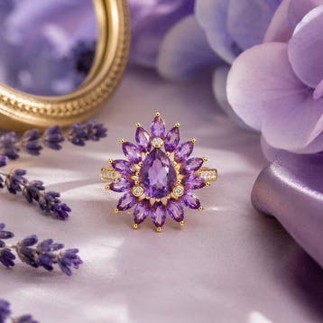 Zonder minimumprijs - Ring Verguld Amethist - Diamant - 18k, Nieuw